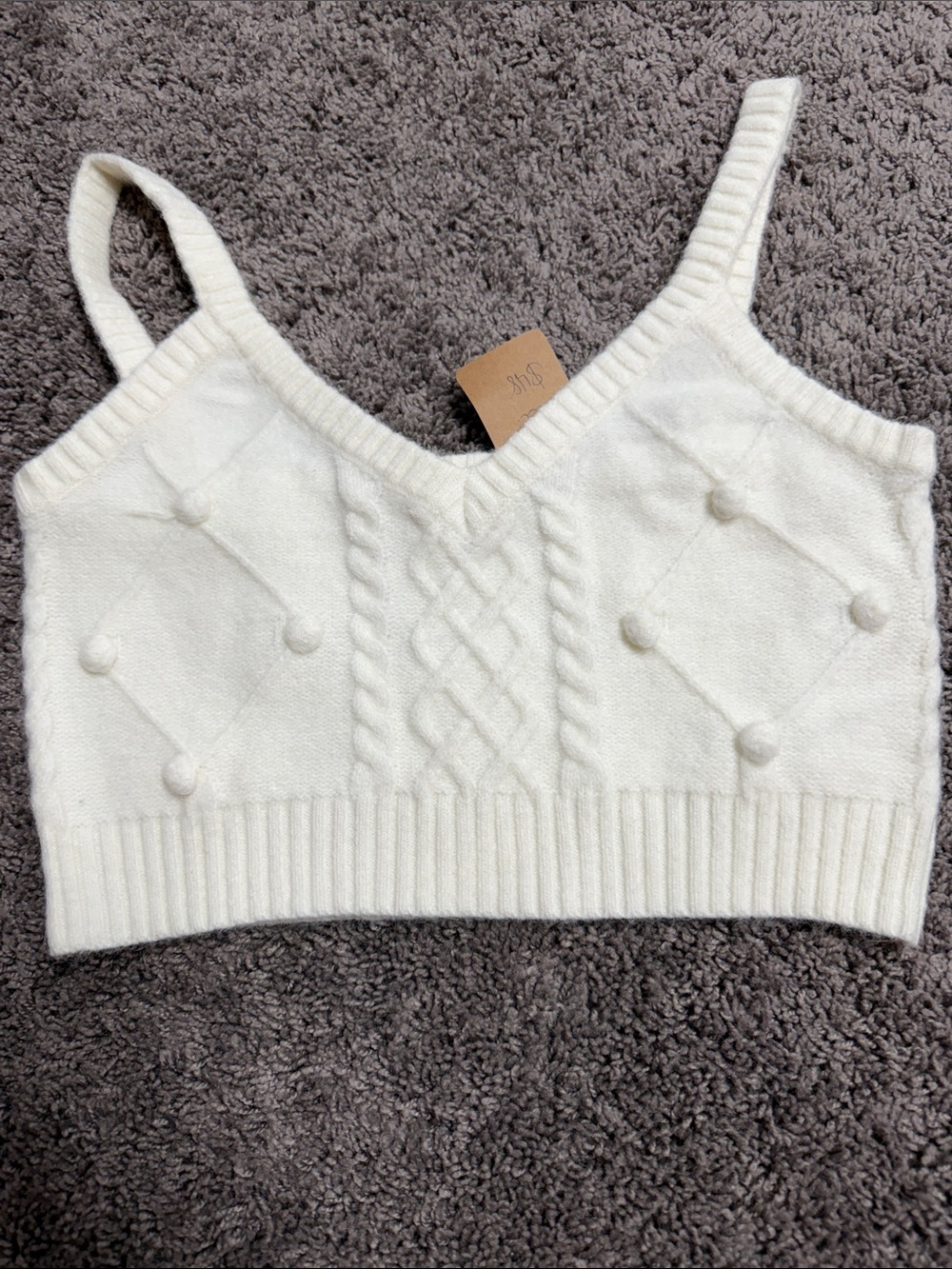 Ivory Cable-Knit Pom V-Neck Crop Sweater Tank